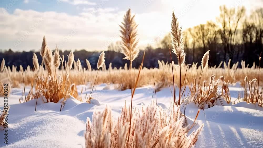 Poster dried grass and reeds in a snowy field on a sunny winter day with forest in the background casting l