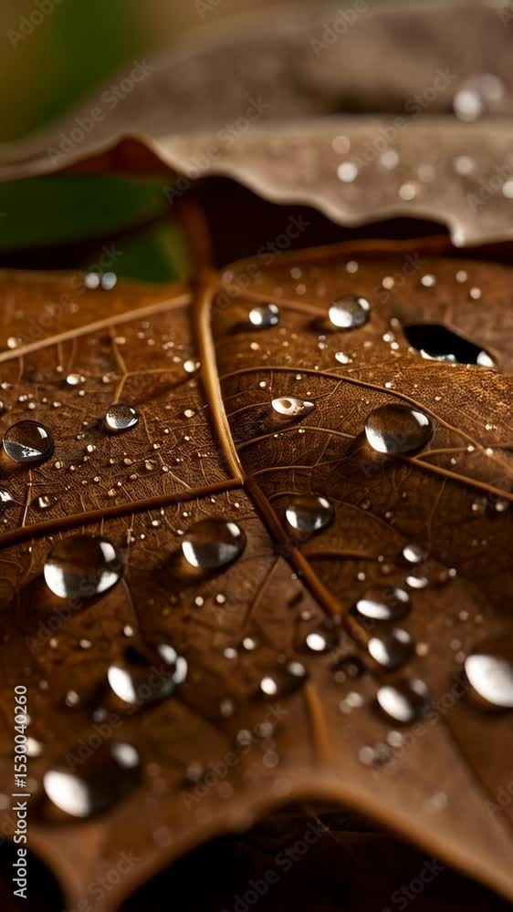 Poster close-up of a dry brown leaf with water droplets on it showing intricate details of texture and patt
