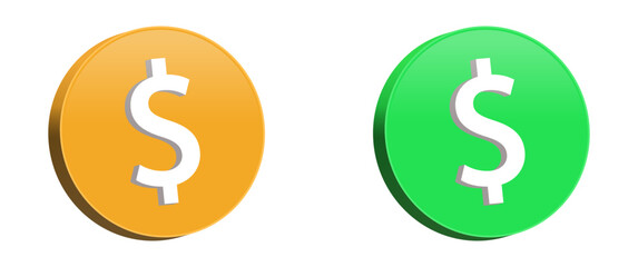 3D dollar coins in orange and green, symbolizing wealth and finance. for business, banking, and commerce designs. finance, money, wealth and economic concepts