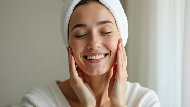 Woman relaxing with peaceful expression during skin care routine at home