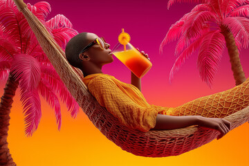 Woman relaxing in colorful hammock while sipping a tropical drink. Vibrant pink and orange sunset backdrop with palm trees. Concept of leisure, summer vacation, travel industry