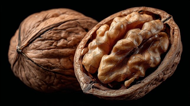 A close up shot of two walnuts one whole and one cracked open on a dark black background studio shot - Powered by Adobe