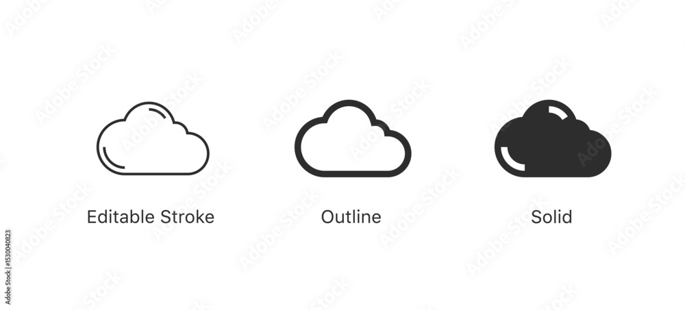 Poster Set of cloud icons in editable stroke, outline, and solid styles. Perfect for weather, data storage, tech, and UI/UX designs, digital concepts