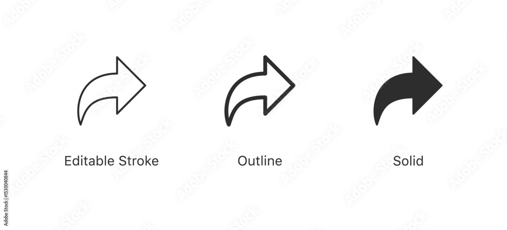 Poster share arrow icons in editable stroke, outline, and solid styles for social media post interaction