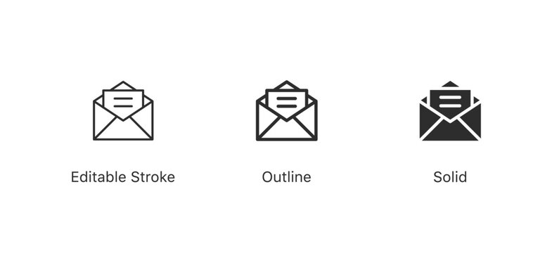 email envelope icons in editable stroke, outline, and solid styles. open envelope mail icon for mail, messaging concepts and communication designs