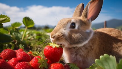 rabbit is eating a strawberry the rabbit is eating a strawberry in a field of strawberries