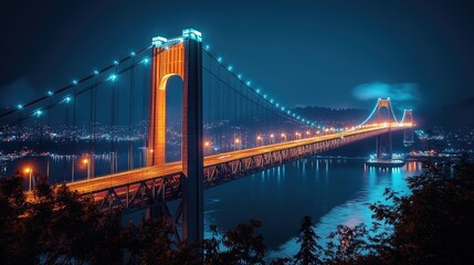 Fototapeta premium Illuminated suspension bridge at night over a body of water. City lights reflected in the water below