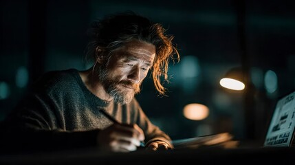 Concentrated Man Working Late at Night Writing and Using Laptop