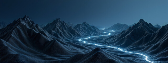 Glowing paths wind through dark, wavy mountains in a moody, hyperreal landscape of deep blues and blacks