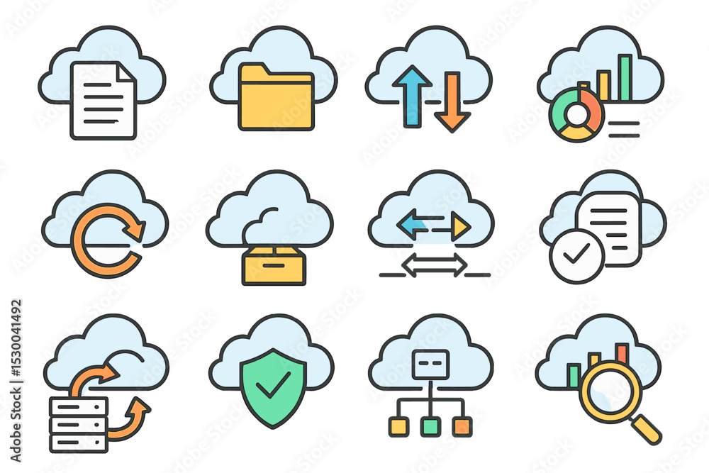 Poster cloud computing icons set including storage, security, and data analysis