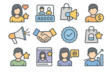 Cartoon icons of people, shopping, and business concepts