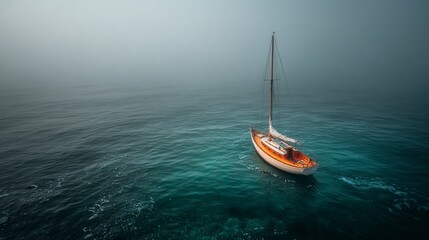 Fototapeta premium Aerial view of sailboat on the ocean with a tall mast in foggy weather with calm turquoise waters