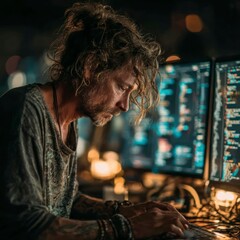 Obraz premium Concentrated Programmer Working Late at Night on Computer