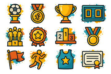 Colorful sports icons set featuring medals, trophies, and performance symbols