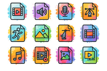 Colorful multimedia icons on watercolor background