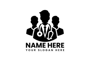 Contemporary black silhouette medical team logo with male doctor using stethoscope and two female medical colleagues
