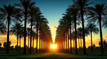 Palm trees align a pathway at sunset.  Silhouette of tall palm trees form a straight avenue leading to the setting sun.  Golden light illuminates the path
