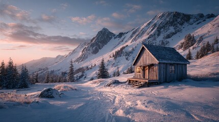 A wooden cabin in a snowy mountain landscape with a trail leading to the cabin and pine trees around it