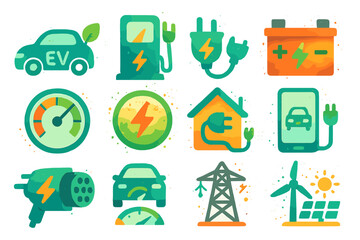 Obraz premium Eco-friendly energy and electric vehicle icon set in vibrant colors