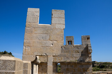 Valderrobres Castle wall overlooking the picturesque village in Matarraña, Teruel, Spain. A...