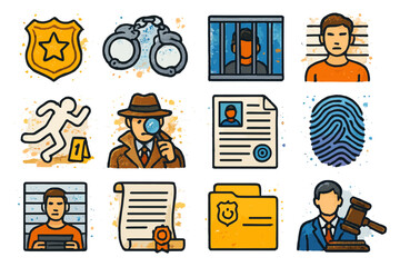 Crime investigation icons with suspect, detective, handcuffs, and evidence