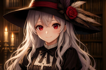 Elegant anime witch with silver hair, red eyes, and a black hat adorned with feathers and roses, smiling warmly in a candlelit library filled with magic and mystery.