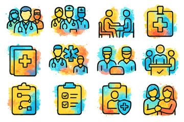 Healthcare icons set featuring doctors, patients, and medical equipment