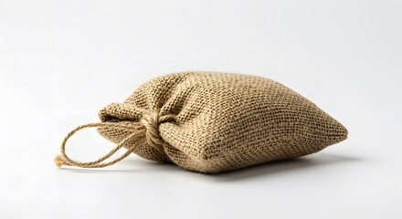 Fototapeta premium Burlap Sack on White Background - Small Empty Jute Bag with Drawstring Closure