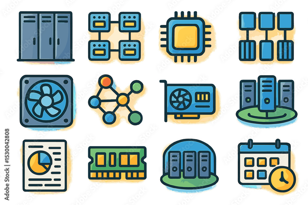 Aufkleber colorful technology icons representing hardware and networking components