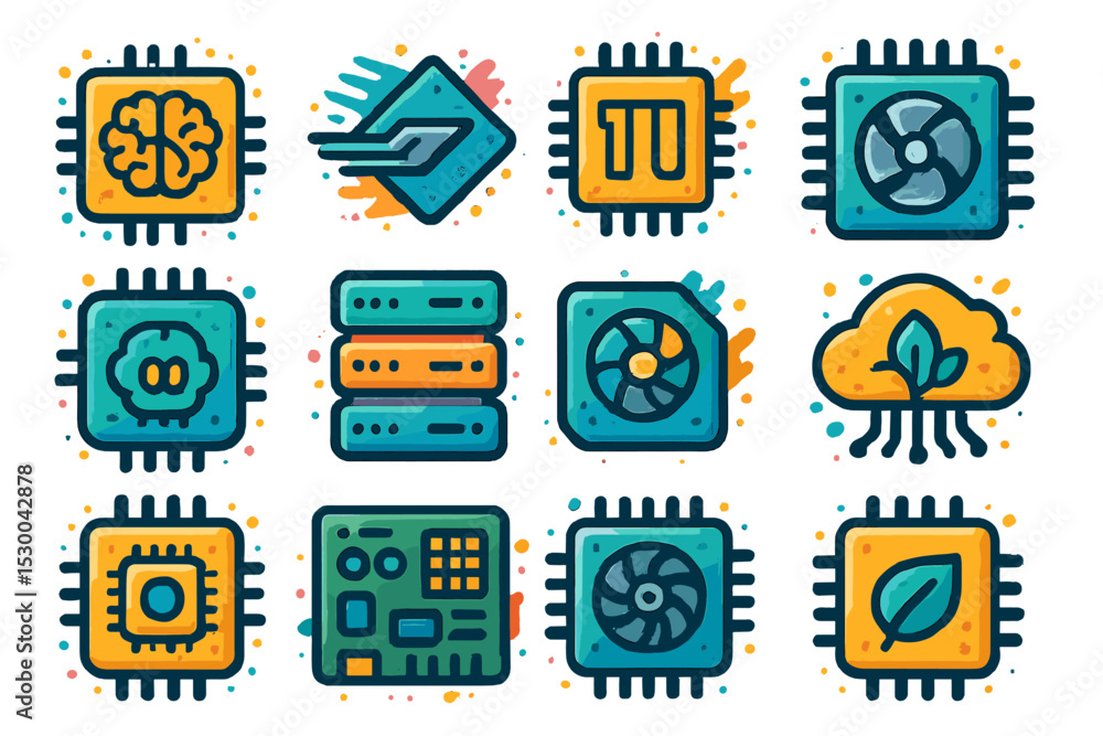 Poster colorful technology icons representing ai, cloud, and computing concepts