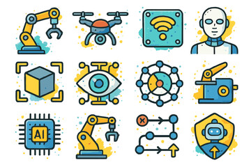 Colorful ai and robotics icons collection on abstract background