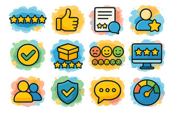 Colorful customer feedback icons with stars and ratings
