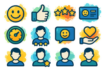 Customer feedback icons with smiley, star ratings, and approval symbols
