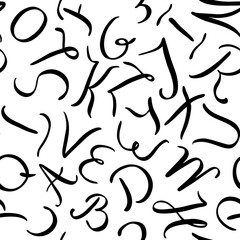 Hand written cursive letters vector seamless pattern, Black and white handwriting calligraphy alphabet background