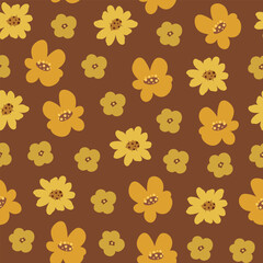 Seamless vector pattern with simple pretty small yellow flowers on brown background in autumn mood
