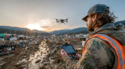 Naklejka premium Drone Flight Over Construction Site at Sunset
