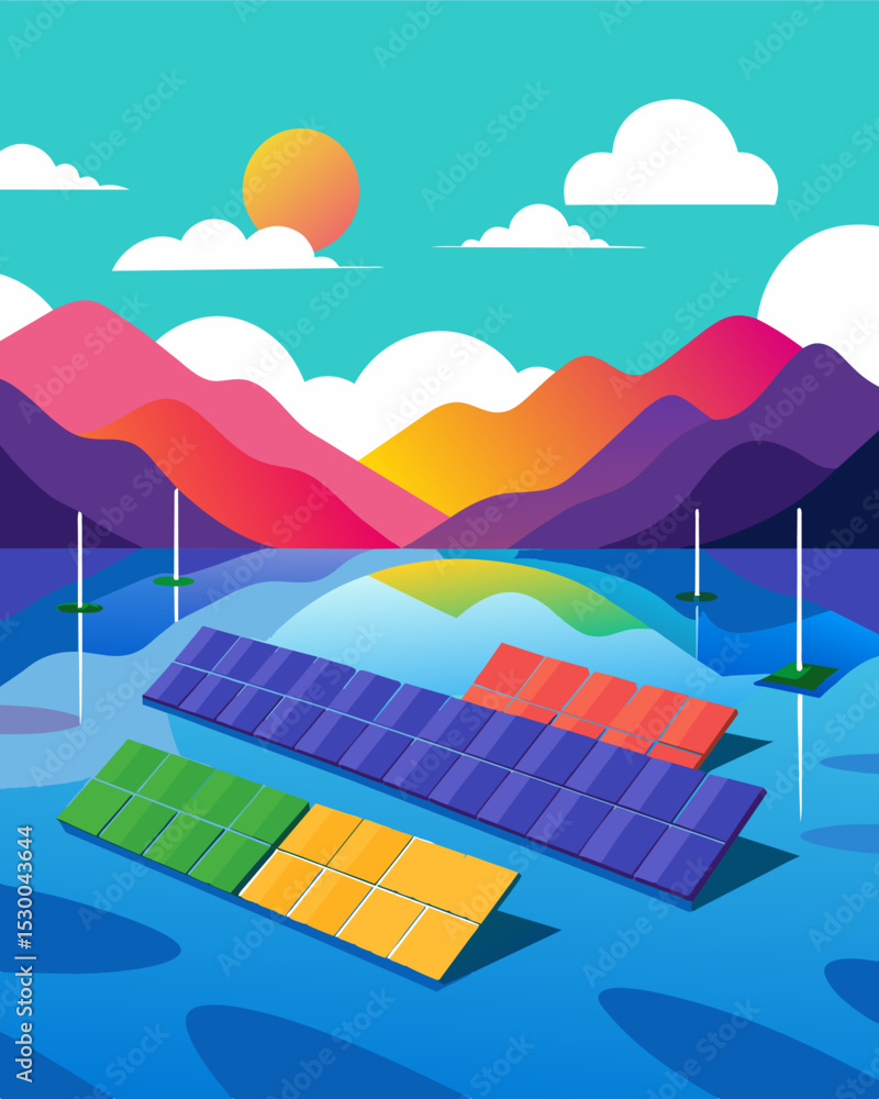 Fototapete a colorful array of floating solar panels on a serene lake utilizing unused water space to generate 