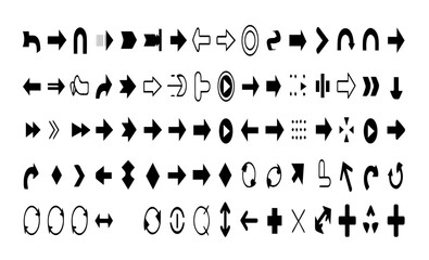 Collection of diverse black arrow icons on a white background, showcasing various directions, shapes, and styles including curved, straight, dotted, and circular arrows in a grid layout.