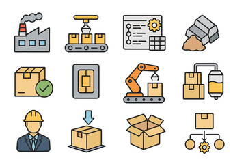 Industrial and automation icons featuring factory, conveyor belt, and robotics