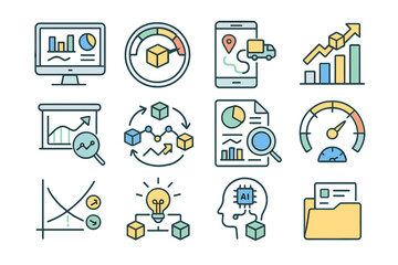 Data analytics and business growth icons with charts and ai elements