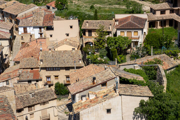Historic town of Valderrobres seen from castle ramparts, with river and rooftops. Teruel, Spain,...