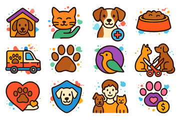 Obraz premium Colorful pet care icons featuring dogs, cats, birds, and pet supplies