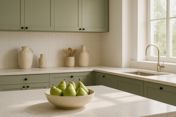Minimal Scandinavian Kitchen with Bowl of Pears
