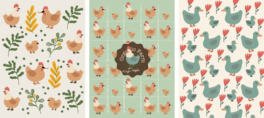 Organic Farm Fresh Poultry Pattern - charming collection of flat, colorful patterns featuring chickens, ducks, and chicks, accented with leaves and flowers © Rís Visual