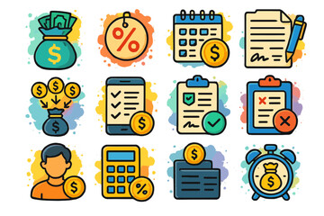 Colorful finance and organization icons with calendar and money bag