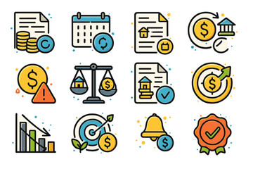 Colorful financial and business icons featuring money and documents