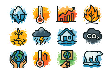 Climate change icons highlighting global environmental challenges