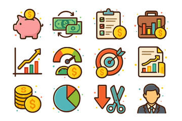 Financial growth icons with charts, money, and business symbols