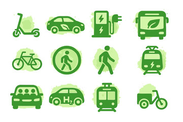Eco-friendly transportation icons featuring electric and hydrogen vehicles