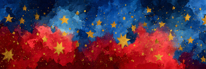 Vibrant philippines independence day celebration with red and blue textures and golden stars. Horizontal banner. Copy space. Background in colors of flag of Philippines